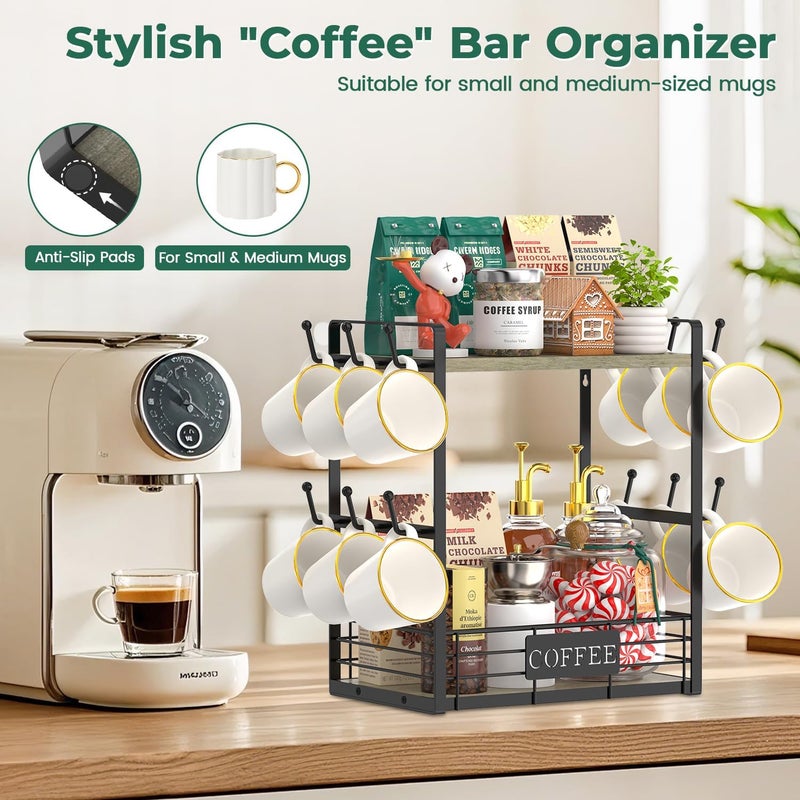 EsLuker.ly Coffee Mug Cup Holder Stand Bar Station Organizer for Countertop, Multi-Functional 2 Tier Mug Tree Rack for Kitchen, Storage Shelf with 12 Hooks, Grey Oak-Black(Patented Design) - Image 5